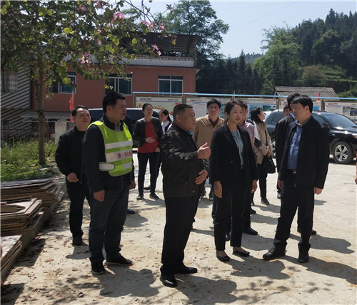 柳州市政协主席陈鸿宁(右一)一行到香粉乡香粉村调研扶贫工作,县政协副主席、香粉乡党委书记李宛潞(右二)向调研组汇报有关情况。(赖晓梅 摄影)
