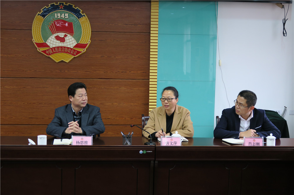 图为县委统战部部长唐文萍汇报统战工作