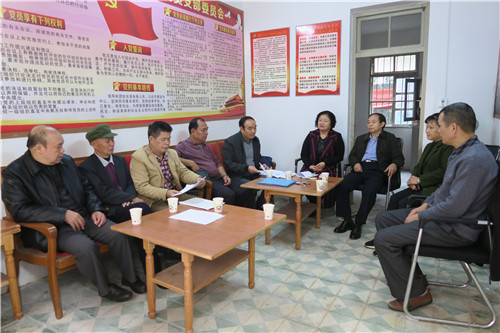 2、自治县政协退休支部书记蓝湘德(左五)在会上总结退休支部一年来的工作情况。(赖晓梅 摄影)
